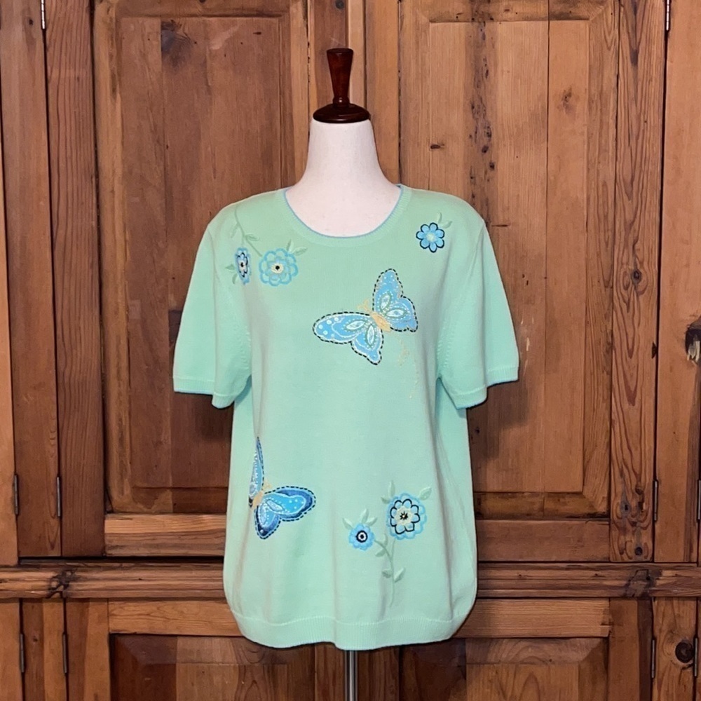 Alfred Dunner Green Butterfly & Floral Embroidered Short Sleeve Sweater Sz. S